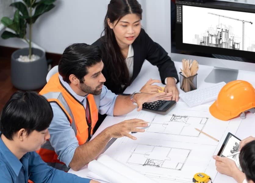 Group of engineers and construction workers sitting around a table looking at blueprints and a screen with a mockup of their new building